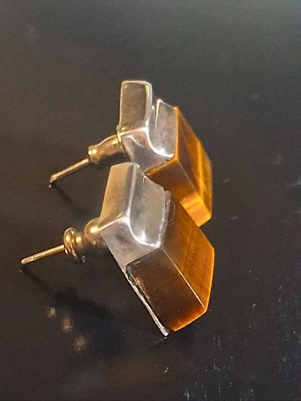 Vintage Mexican Sterling Silver Tigers Eye Earrings Hecho En Mexico Modernist